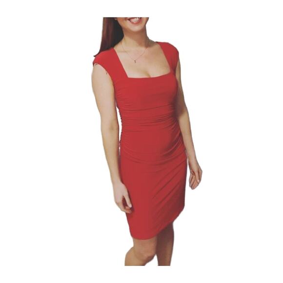 Ralph Lauren Square Neck Ruched Jersey Sheath Dress Red Size 2 - Picture 1 of 6